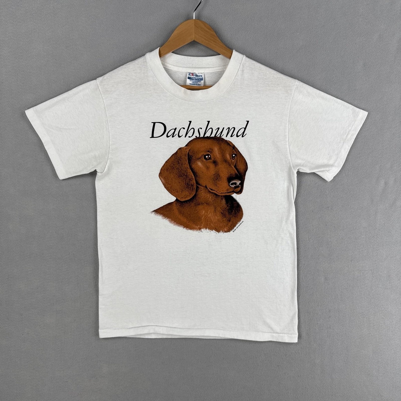 Vintage Dachshund Shirt Mens Medium White Dog Graphic Tee Hanes 1991 90s